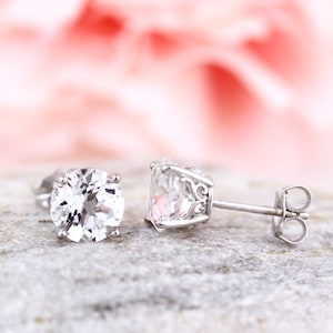 Solid 14k White Gold Gemstone Stud Earrings, 6mm Round each (White Topaz)