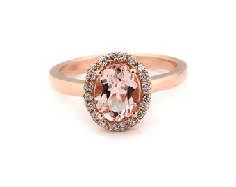 Natural  AAA 9x7 mm Pink Morganite  Solid 14K Rose Gold Diamond engagement  Halo Ring - Gem874