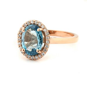 Impresionante 10.5x7 mm circón azul sólido 14K oro rosa diamante Halo anillo natural - Gem918