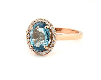 Natural Stunning  10.5x7 mm Blue Zircon Solid 14K Rose  Gold Diamond Halo Ring - Gem918