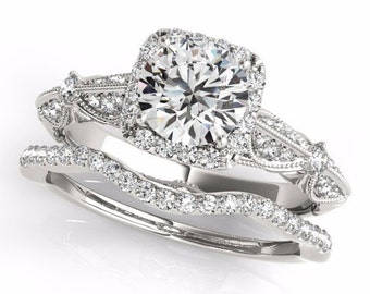 Forever One Moissanite Solid 14K White Gold Diamond Engagement Ring Set, Certified Bridal Set- OV61985