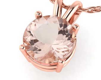 Solid  10k Rose Gold  Morganite Solitaire Pendant Necklace, 18"