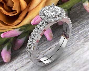 14k White Gold Moissanite (EF) Engagement Ring Set, Wedding Ring Set, Halo Style Bridal Ring Set  Gem1378