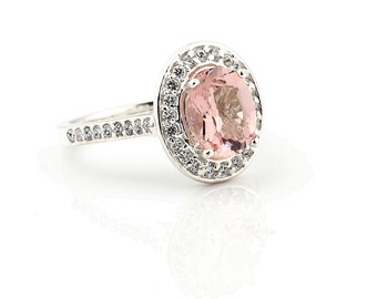 Natural AAA Pink Morganite  Solid 14K White Gold Diamond engagement  Halo Ring - Gem798