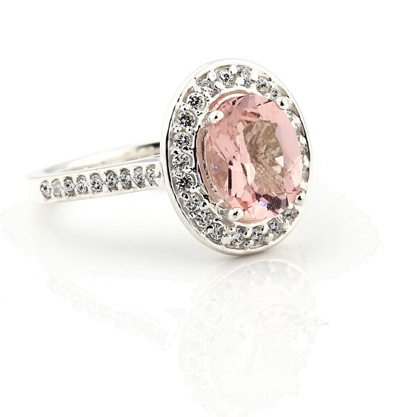 Natural AAA Pink Morganite  Solid 14K White Gold Diamond engagement  Halo Ring - Gem798