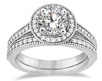 1 carat 6.5mm Round Forever One (GHI) Moissanite   Halo  Diamond Engagement Ring Set, Bridal Set ENS4256