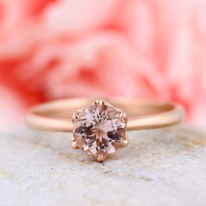 Fancy 6mm Round Morganite Ring In Solid 14K Rose Gold Gem1551 image 2