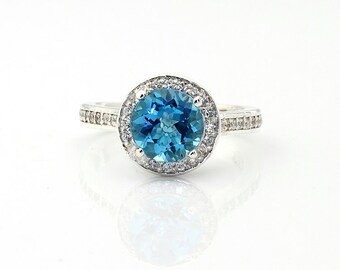 2.50 Cts Natural Swiss Blue  Topaz 14K White Gold  Diamond Engagement Halo Ring Set - Gem807