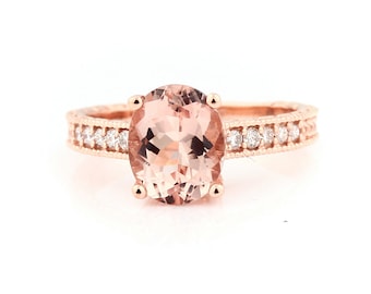 Stunning AAA 10x8mm Oval  Natural Morganite  Solid 14K Rose Gold Diamond engagement Ring-antique style