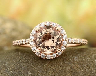 14K Morganite Ring Diamond Halo Morganite Engagement Ring, Roes gold, 7mm gemstone - Gem1203  **** Specal****