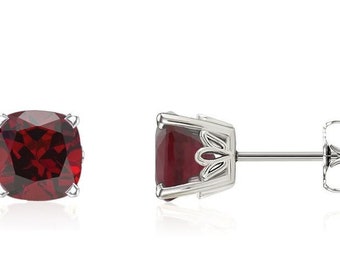 Cushion Natural  Garnet  Scroll Stud Earring In 14k White Gold  Gold -Pair 6mm 2.75 CT