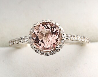 7mm Round Natural Morganite  1.30 ct  Solid 14K White Gold Diamond Engagement Ring - Gem830