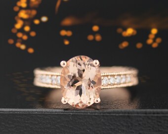 GNG 2 3/4 CTTW Natural Morganite and Diamond Vintage Style Engagement Ring in 14K Rose Gold (10x8mm Oval)