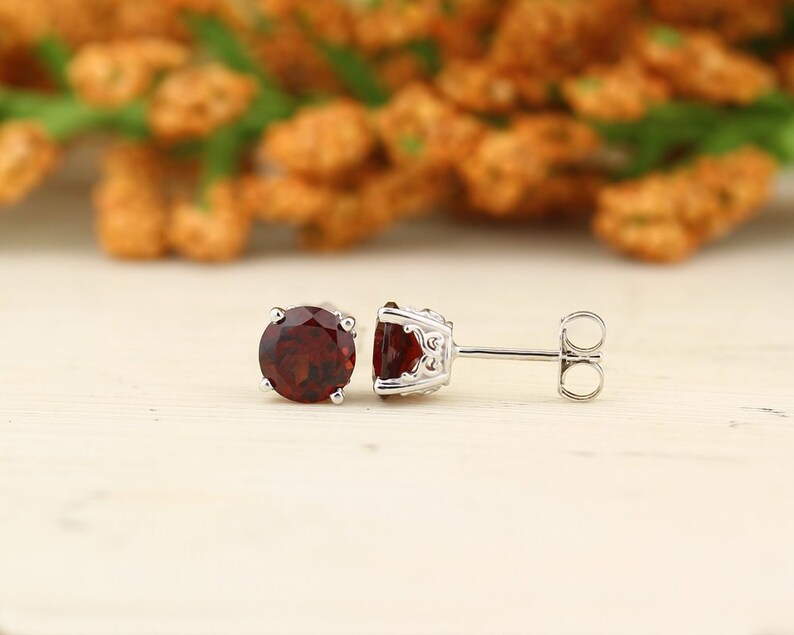 6mm, 1.80 cttw Solid 14k White Gold Red Garnet Stud Earrings
