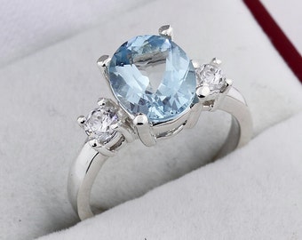 Three stones Natural AAA Aquamarine Solid 14K White Gold Diamond Ring-Gem767