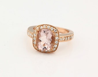 Charming Natural 10x8mm Oval   Morganite  Solid 14K Rose Gold Diamond engagement Ring