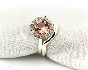 8mm Round 1.80 ct Natural Morganite Solid 14K White Gold Diamond Engagement Ring set - Gem917