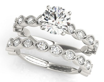Certified   Forever One  Moissanite 14K White Gold  Artdeco Style Engagement  Ring Set  - OV61059