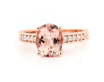 Stunning AAA 10x8mm Oval  Natural Morganite  Solid 14K Rose Gold Diamond engagement Ring-antique style Gem663