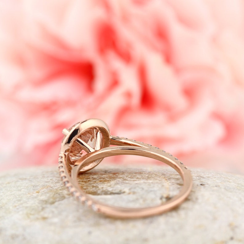Natural AAA Morganite Ring Set, Diamond Halo Morganite Engagement Ring Band Set, Roes gold, 7mm gemstone Gem1203 image 4