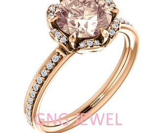 Natural AAA 8mm  Round Morganite  Solid 14K Rose  Gold Floral Inspired Diamond  Engagement Ring Set-ST232008