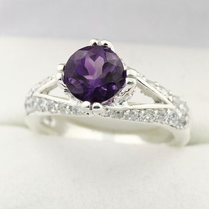 Natural VS purple Amethyst Solid 14K White Gold Diamond Ring image 2