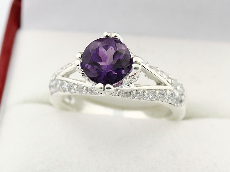 Natural VS purple Amethyst Solid 14K White Gold Diamond Ring image 2