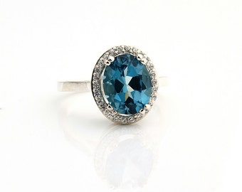 Natural  10x8mm London  Blue Topaz Solid 14K White Gold Diamond engagement  Halo Ring - (Gem829)  On Sale!!!!!!!!!!!