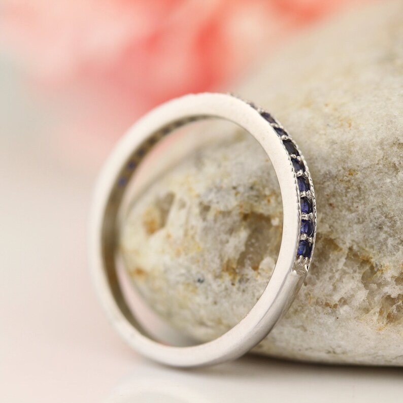 Stackable Half Eternity Blue Sapphire Milgrain Wedding Band Etsy Canada