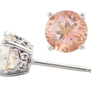 Solid 14k White Gold Topaz ( Fancy morganite color) Stud Earrings, 6mm Round each