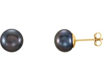 14K Yellow Gold Black Freshwater Pearl Earrings ----PAIR (Perfectly matched pair of Black pearl studs)