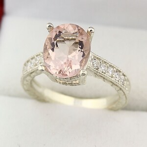 Stunning Natural Morganite Solid 14K White Gold Diamond engagement Ring-antique style image 3