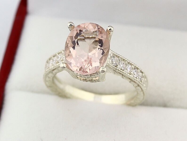 Stunning Natural Morganite Solid 14K White Gold Diamond engagement Ring-antique style image 3