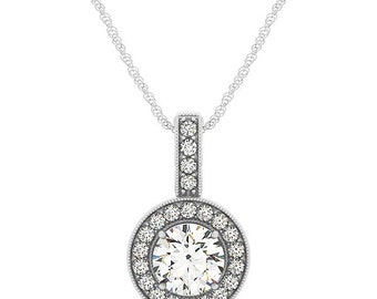 1 ct 6.5mm Forever One (GHI) Moissanite  Solid 14k white gold Antique Halo Style diamond Pendant w / Cable chain - Ov43447