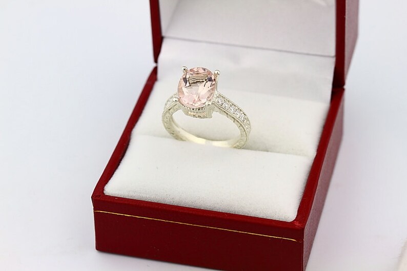 Stunning Natural Morganite Solid 14K White Gold Diamond engagement Ring-antique style image 4