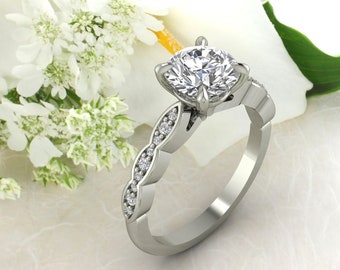 IGI Certified Lab Grown Diamond Solid 14K White Gold  Scallop Shrank Engagement Ring/Bridal Ring / Wedding Ring