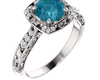 6.5mm round  London blue topaz Solid 14K White Gold Diamond Sculptural-Inspired Engagement Ring - ST232092-1064