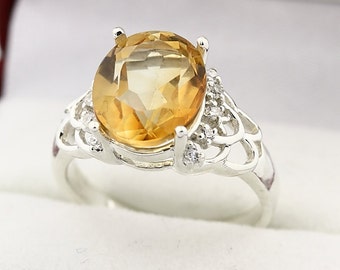 Natural Golden Yellow Citrine Solid 14K White Gold Diamond Ring