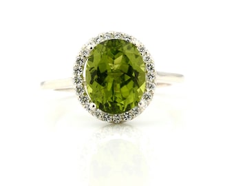 Natural Green Peridot  Solid 14K White Gold Diamond engagement  Halo Ring - Gem849