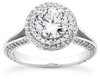 1.00 carat 6.5mm Round Forever One (GHI) Moissanite  Double Halo Diamond Engagement Ring  ENR0147