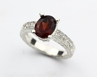 Natural 8x6mm Red Garnet  Solid 14K White Gold Diamond Ring