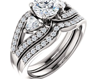 6mm Forever One (GHI) Moissanite Solid 14K White Gold  Halo  Engagement  Ring Set - ST82690