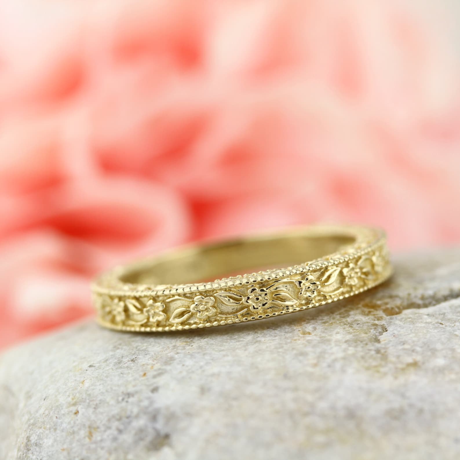 Me Not Floral Designed Wedding Band 14k or 10k Yellow Etsy