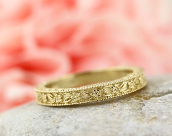 Forget Me Not Floral Designed Wedding Band  14k or 10k Yellow Gold ENS4651