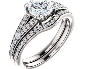 1 ct 6.5mm  Round  Forever One (GHI) Moissanite Solid 14K White Gold  Diamond Engagement  Ring Set - ST82856