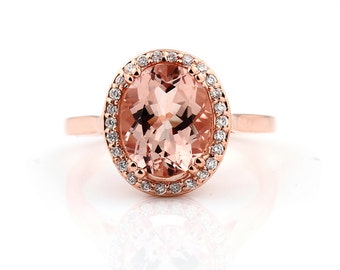 Natural AAA 10x8mm Pink Morganite  Solid 14K Rose Gold Diamond engagement  Halo Ring - Gem829