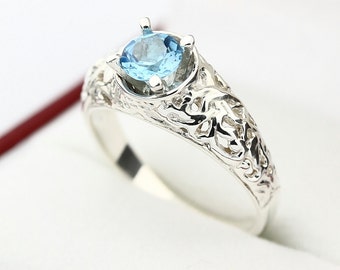 5mm Natural swiss Blue  Topaz Solid 14K White Gold Ring