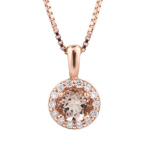 14 Karat Rose Gold Round Shape 3/4 CT Natural Morganite & Diamond Pendant + Matching tone Sterling Silver 18 Inch Box style chain