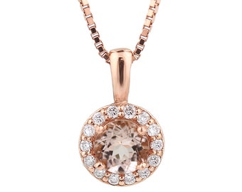 14 Karat Rose Gold Round Shape 3/4 CT Natural Morganite & Diamond Pendant + Matching tone Sterling Silver 18 Inch Box style chain