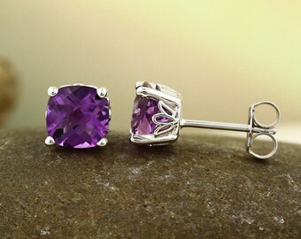 Pair 6mm 2CT Cushion Natural Amethyst/Pink Topaz/Citrine/London Blue Topaz//Red Garnet Scroll Stud Earring In White Gold